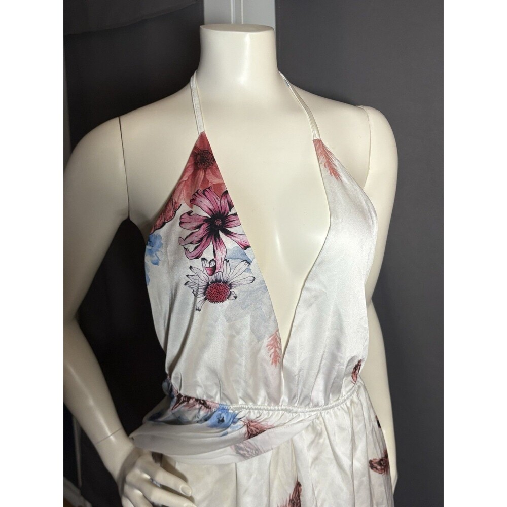 Flowy Low-Cut Fit-Flare High Split Maxi Strappy Floral Beach Dress White Small - Picture 4 of 7